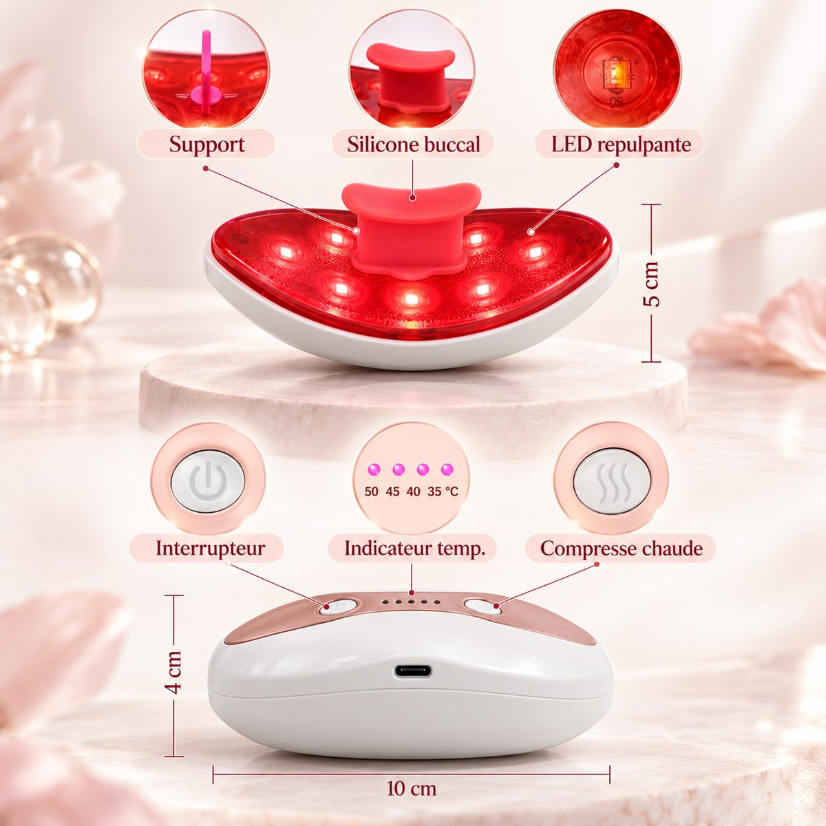 Schéma de l'appareil LipsGlow : mode LED pour les lèvres et compresse chaude pour le contour des yeux